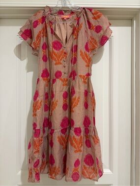 THML Pink Orange Floral Tiered Flutter Sleeve Midi Dress S